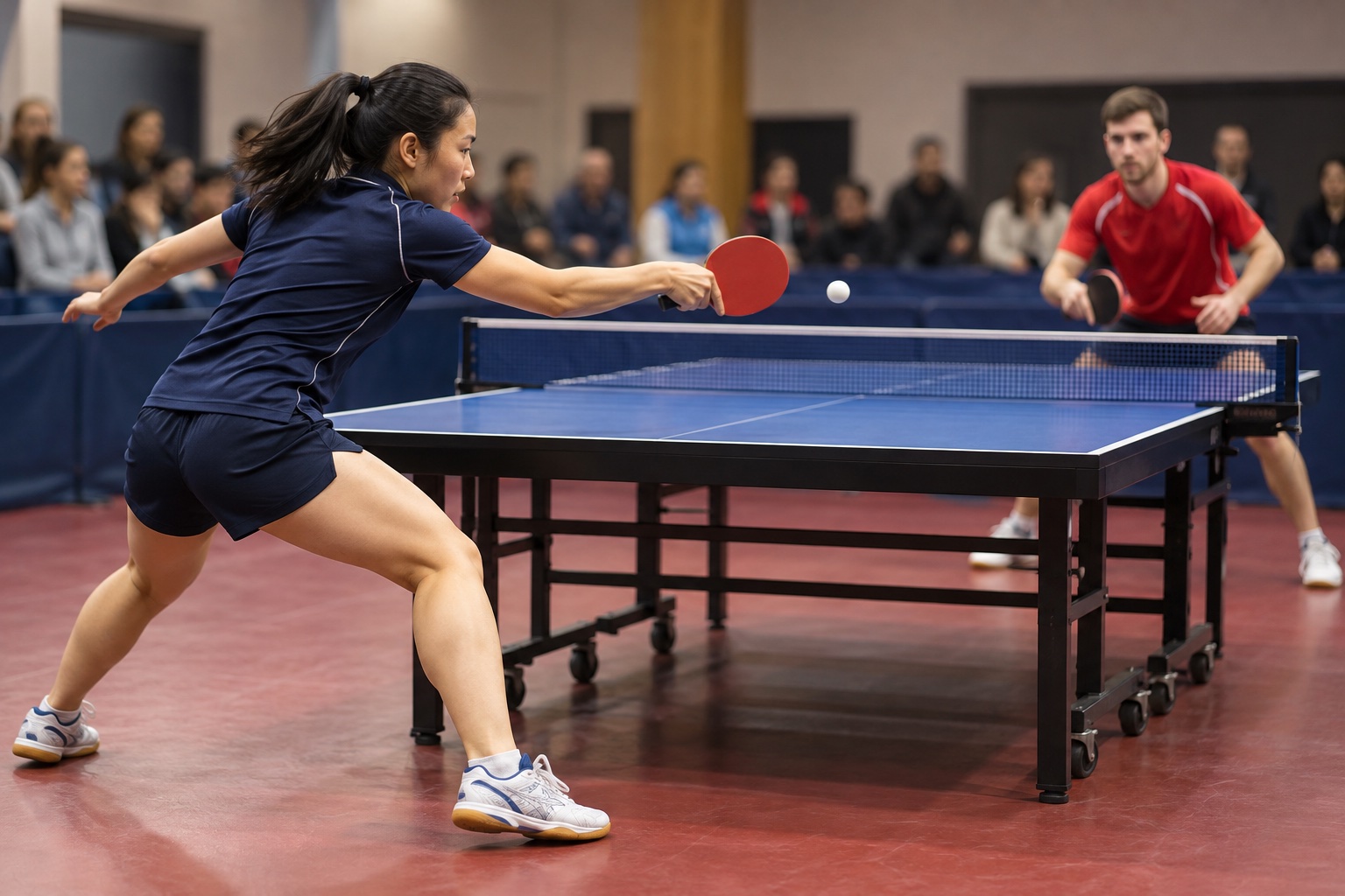 AI-generated illustration of two adult table tennis players in a competitive rally