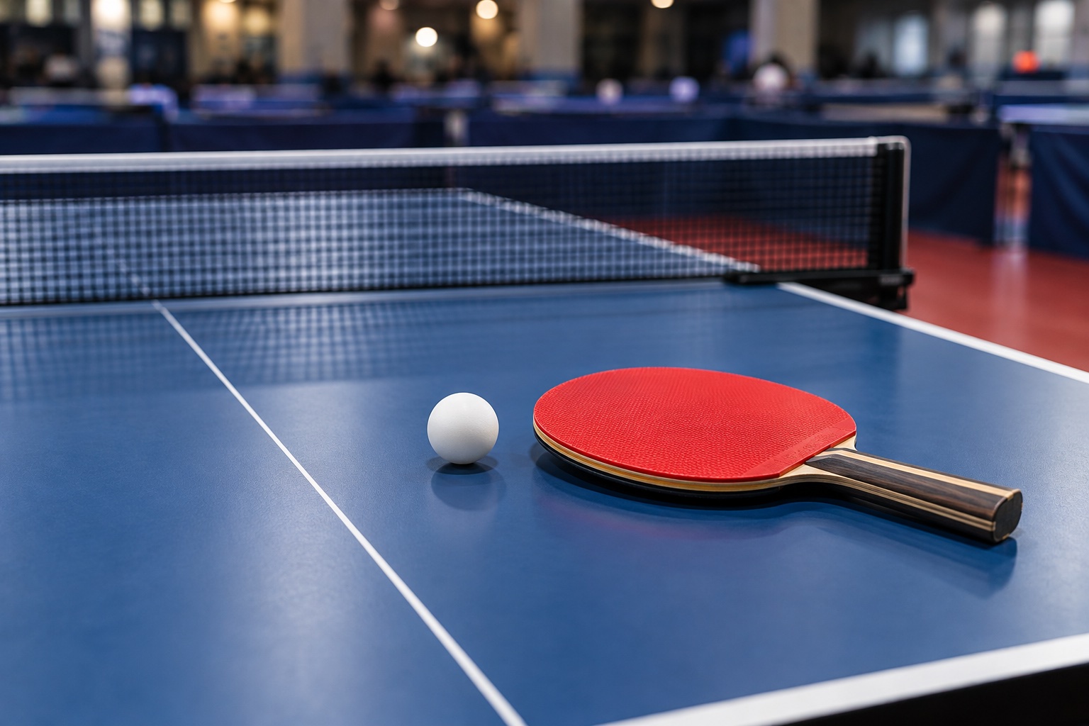 AI-generated close-up of a red paddle, white ball and blue table tennis table