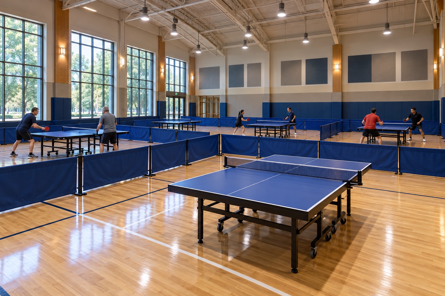 AI-generated concept of a table tennis tournament hall with blue tables